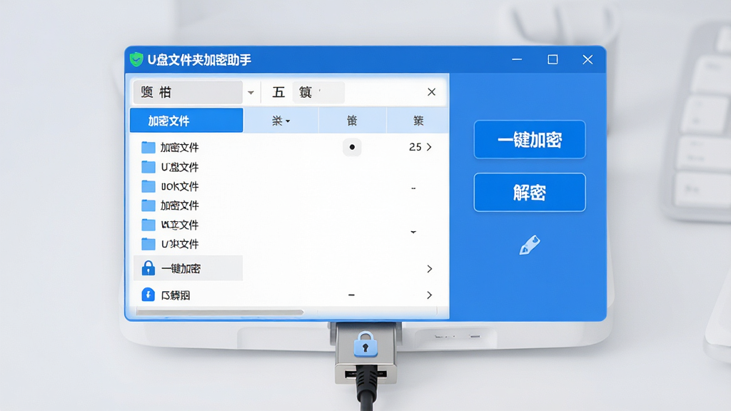 主体:一款名为“U盘文件夹加密助手”的软件界面,界面简洁现代,左侧有加密文件夹列表,右侧有“一键加密”、“解密”等按钮。布局:电脑屏幕中央显示软件主窗口,下方一个U盘插入电脑USB接口。排版:软件界面信息层级分明,按钮醒目。风格:扁平化设计,蓝色科技感配色,背景为浅灰渐变。细节:屏幕中可以看到“U盘文件夹加密助手”字样,U盘上有锁形图标。画质:4K高清,渲染细腻,干净,无多余元素。