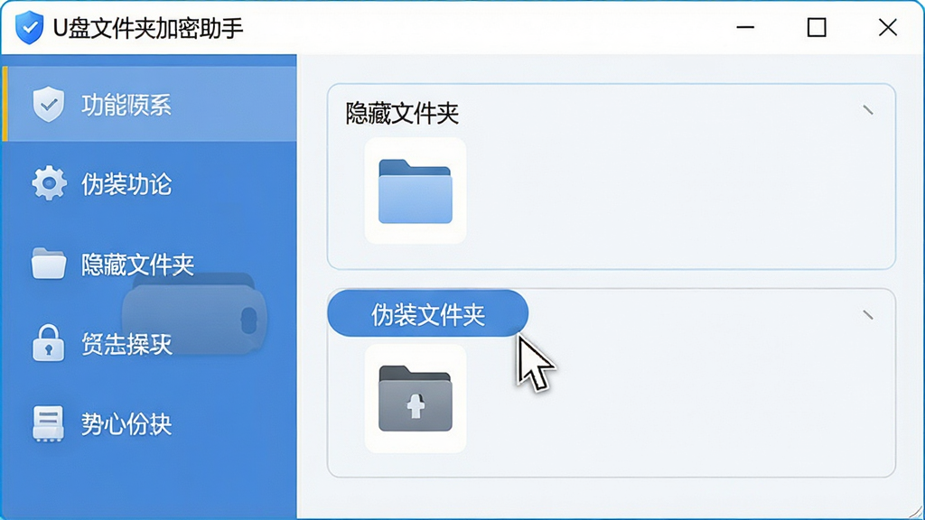 主体:“U盘文件夹加密助手”软件操作界面,展示隐藏与伪装功能选项。布局:软件主界面,左侧功能菜单,右侧显示“隐藏文件夹”和“伪装文件夹”两个选项。排版:列表式菜单,清晰明了。风格:简洁商务风,浅色调。细节:菜单项带有图标,鼠标指针悬停在“伪装文件夹”上。画质:高清,干净,无多余元素。