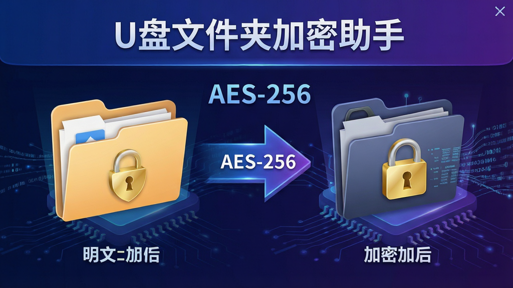 主体:“U盘文件夹加密助手”软件功能示意图,展示加密前后文件对比。布局:左侧明文文件夹,右侧加密后的文件夹,中间一个箭头指向。排版:图文并茂,带有“AES-256”字样。风格:科技感,蓝紫色调。细节:加密文件夹带有金色锁图标,背景有数据流线条。画质:高分辨率,细节丰富,干净,无多余元素。