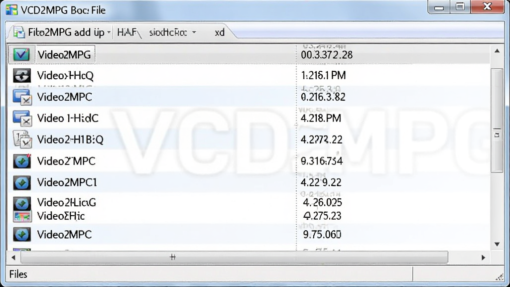 VCD2MPG���������ļ����棬����Ϊ�ļ��б����ڣ���ʾ�����Ƶ�ļ����������룬�Ű����򣬷��ʵ�ã�ϸ�ڰ����ļ����ʹ�С��Ϣ�������������ɾ��޶���Ԫ�ء�