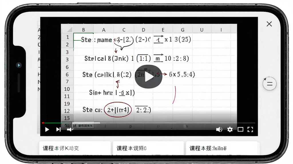 alt=Excel编辑教学功能界面截图,手机屏幕上显示一个视频播放页面,视频内容为Excel公式讲解,画面中有清晰的步骤标注,界面下方有课程列表,风格简洁实用,画质清晰,无多余元素。