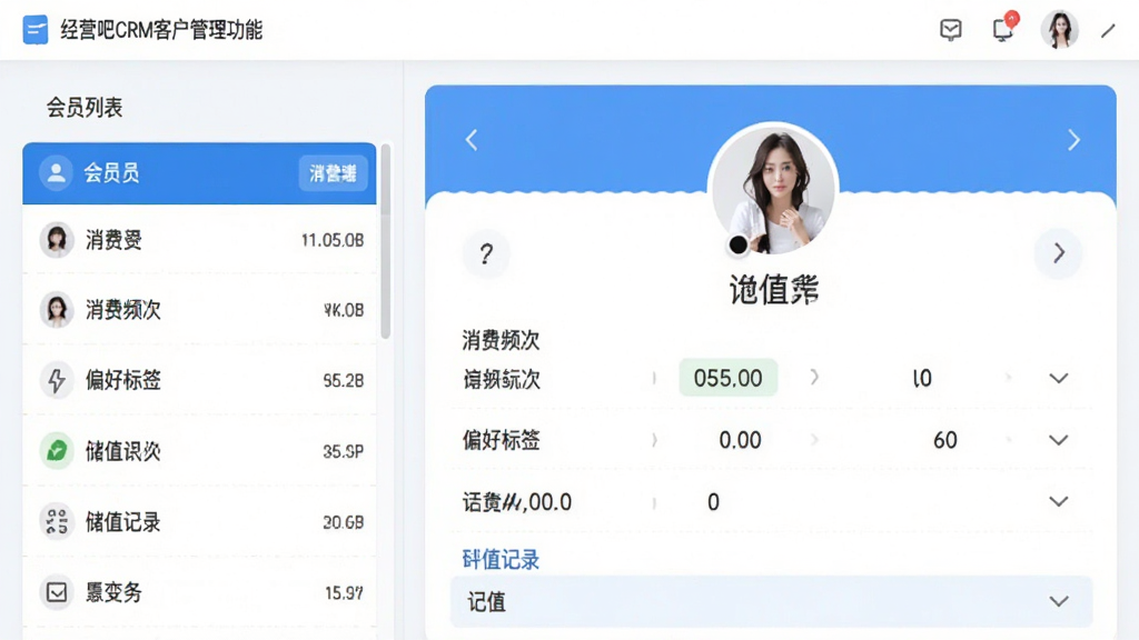 չʾ��Ӫ��CRM�ͻ��������ܵĽ��棬���Ϊ��Ա�б����Ҳ�Ϊ��Ա���黭�񣬰�������Ƶ�Ρ�ƫ�ñ�ǩ����ֵ��¼�ȣ�����ƽ����������ɫ���������࣬���������޶���Ԫ��