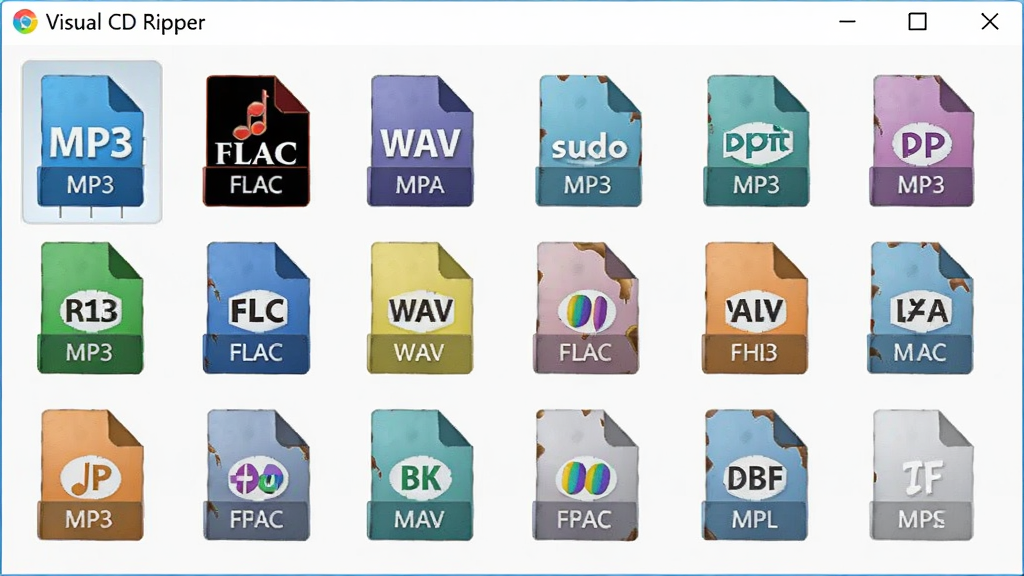 Visual CD Ripper��ʽת�����棬��ʾ������Ƶ��ʽͼ�����У�����MP3��FLAC��WAV�ȣ����ֱ�ۣ�ɫ�������������������ɾ��޶���Ԫ��