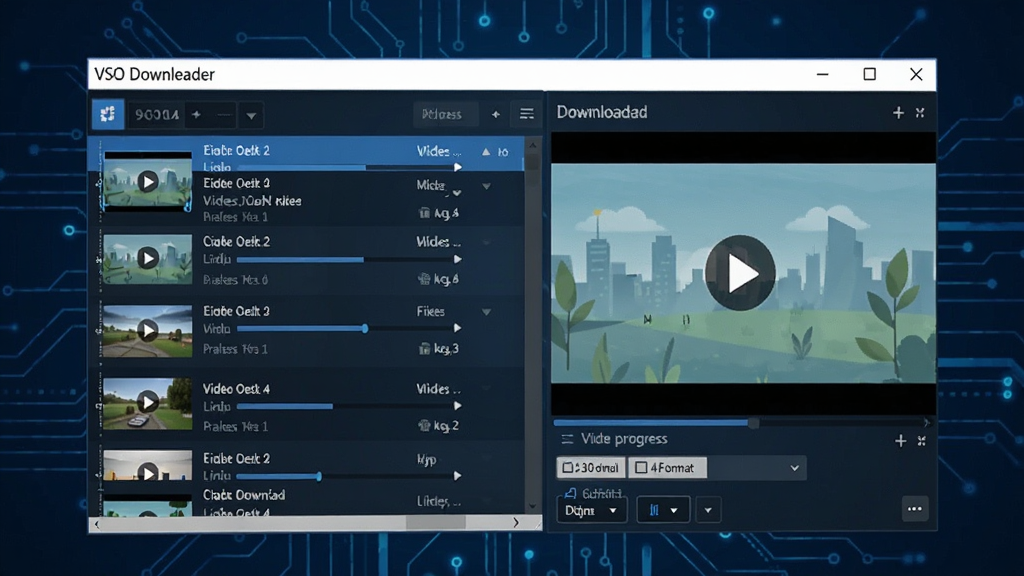 ������Ƶ���ع��߽���չʾ������ΪVSO Downloader���������ڣ����Ϊ��Ƶ�б����Ҳ�Ϊ���ؽ�����Ԥ�����򣬱���Ϊ����ɫ�Ƽ��н��棬��������������ִ���ϸ�ڰ������������ļ���ʽѡ������������ɾ��޶���Ԫ��
