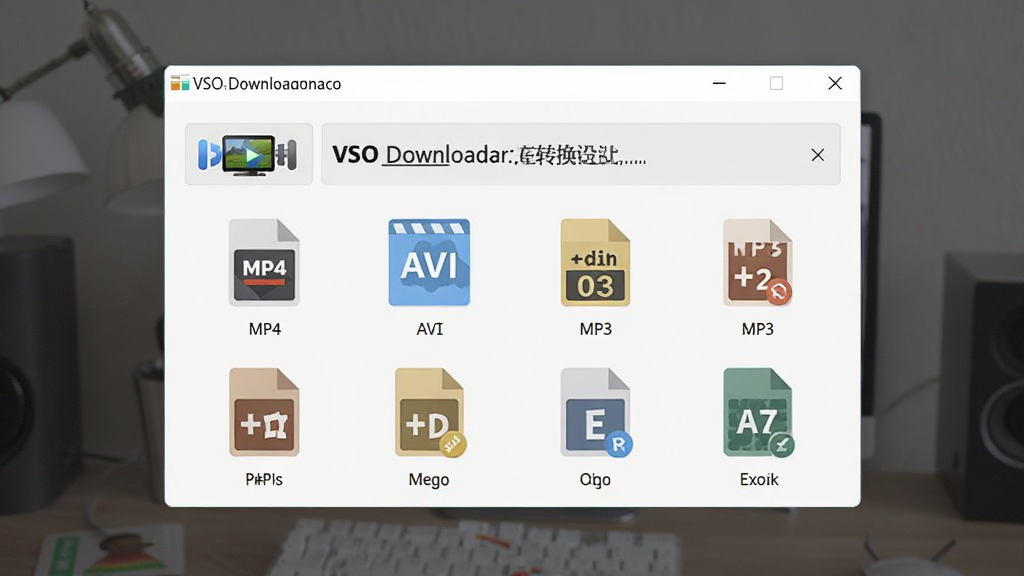 VSO Downloader��ʽת������չʾ������Ϊ��ʽת��������壬����Ϊ���д��ڣ��Ϸ�����Ƶ�ļ������·��Ƕ��������ʽͼ�꣬���Ϊ���ı�ƽ����ƣ�ϸ�ڰ���MP4��AVI��MP3�ȸ�ʽͼ�꣬�����������ɾ��޶���Ԫ��