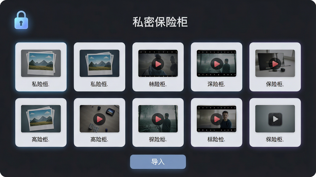 ���壺����Ӧ���������ġ�˽�ܱ��չ񡱽��棬չʾͼƬ����Ƶ�ļ����������У����Ͻ�����ͼ�ꡣ���֣�������У�����Ϊ���ɫ���ļ���Ƭ��������ͼ���ļ������Ű棺�������룬�����С�˽�ܱ��չ񡱱��⣬�ײ��С����롱��ť����񣺼���������ʵ�á�ϸ�ڣ���Ƭ��Ե��΢�⣬��ͼ�귢�⣬����ɫ��ƫ�䡣���ʣ����壬�ɾ����޶���Ԫ�ء�