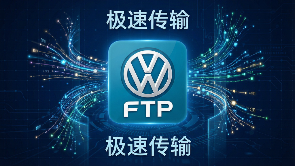 一张动态数据传输的概念图,画面中央为大众FTP软件Logo,周围环绕多条发光数据流线条,象征多线程并发传输,背景为深蓝色科技感网格,主体突出,布局简洁,风格现代,细节丰富,画质清晰,无杂乱元素,文字标注“极速传输”