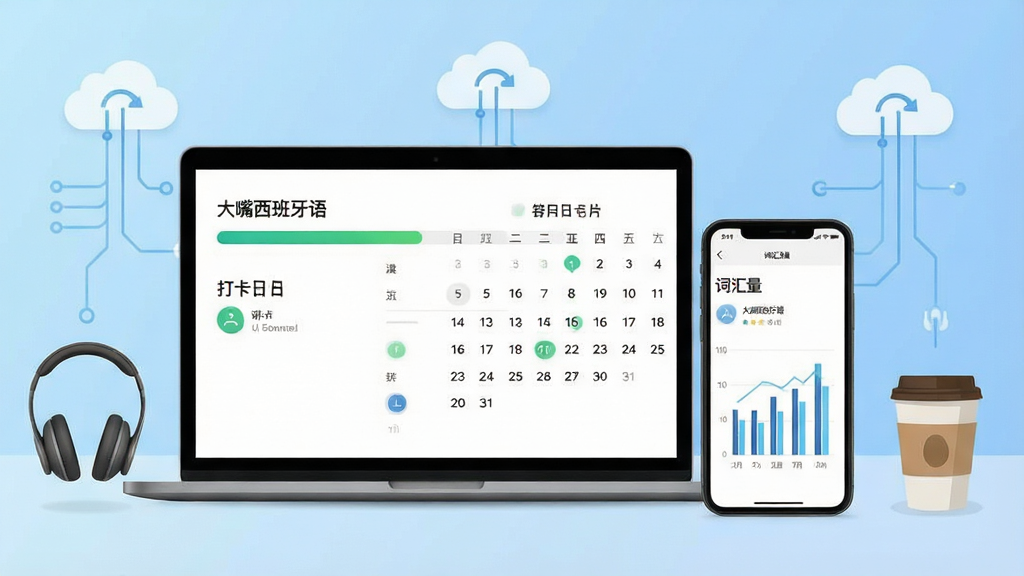 一张展示跨设备同步与学习数据统计的图片,主体为笔记本电脑和手机并排放置,屏幕中显示“大嘴西班牙语”的学习进度条、打卡日历和词汇量图表。布局为左右对称,背景为淡蓝色渐变,风格简约科技感,细节包含云同步图标、耳机、咖啡杯,画质清晰干净。