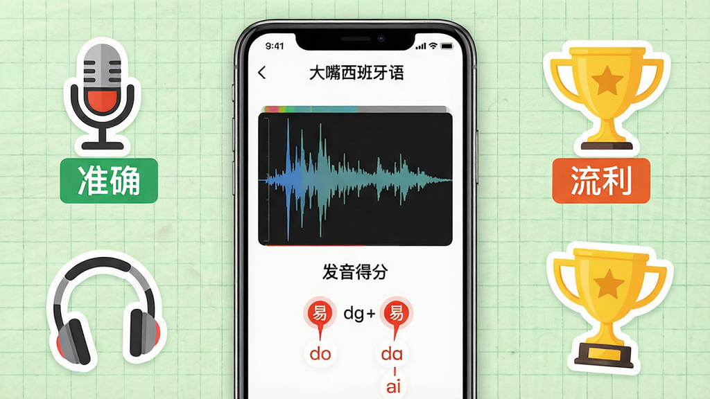 一张展示AI语音评测功能的界面截图,主体为智能手机屏幕,屏幕内显示“大嘴西班牙语”的跟读练习页,有波形对比图、发音得分和红色标记的易错音标。布局为手机居中,周围环绕麦克风、耳机和金色奖杯图标,背景为浅绿色网格纸风格,细节突出“准确”“流利”标签,画质干净明亮。