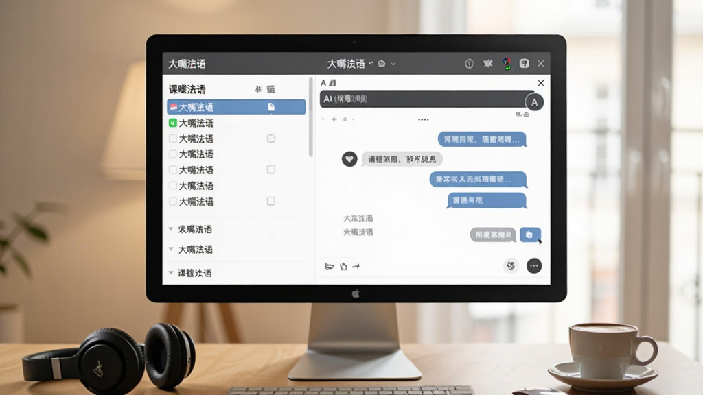 一张“大嘴法语”在电脑端运行的界面截图,屏幕左侧是课程列表,右侧是AI互动对话窗口,电脑桌上放着一副耳机和一杯咖啡,环境温馨明亮,画面中电脑屏幕显示“大嘴法语”主界面,整体风格写实,画质干净,无多余元素
