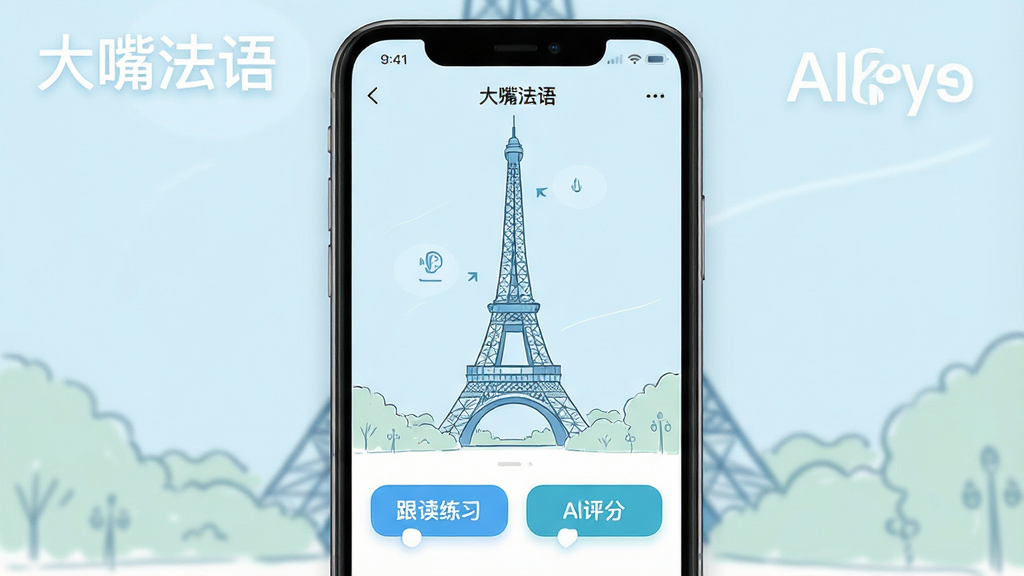 一张展示“大嘴法语”软件在智能手机上运行的界面预览图,画面中央是法语口语对话练习场景,背景为浅蓝色的巴黎埃菲尔铁塔手绘插画,界面UI设计现代简洁,包含“跟读练习”和“AI评分”两个醒目按钮,整体风格明亮清新,画质干净,无多余元素,图片上显示文字“大嘴法语”