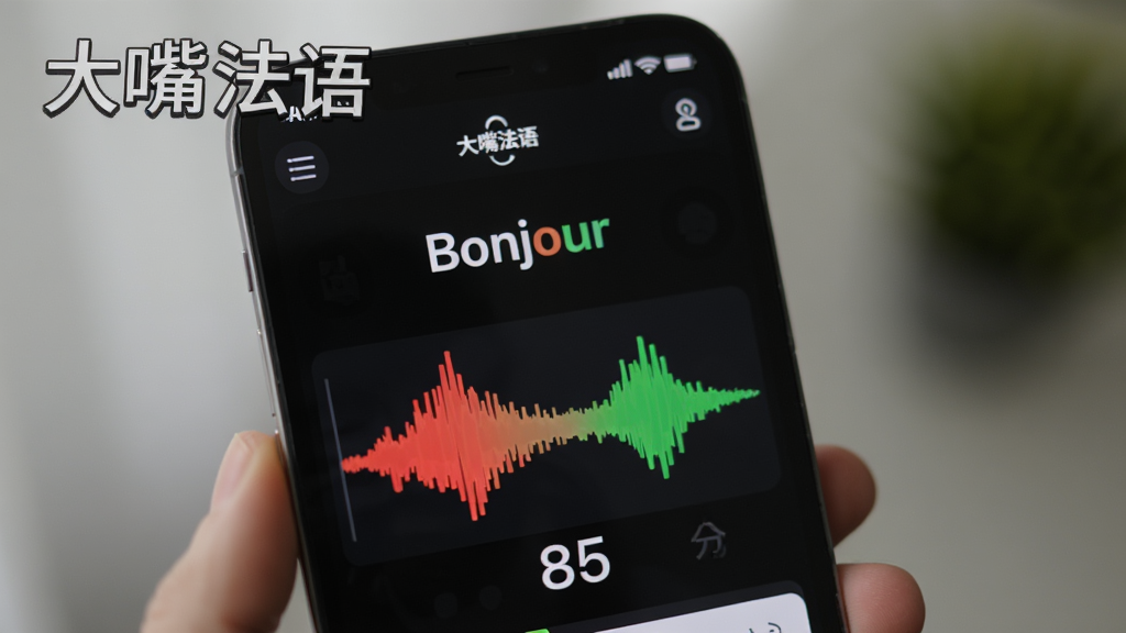特写镜头展示“大嘴法语”APP的AI发音评测功能,手机屏幕上显示一个法语单词“Bonjour”,下方有波形图与85分的评分字样,界面用红色和绿色标注发音准确部位,背景虚化,突出软件界面,图片上显示文字“大嘴法语”,画质清晰无多余元素