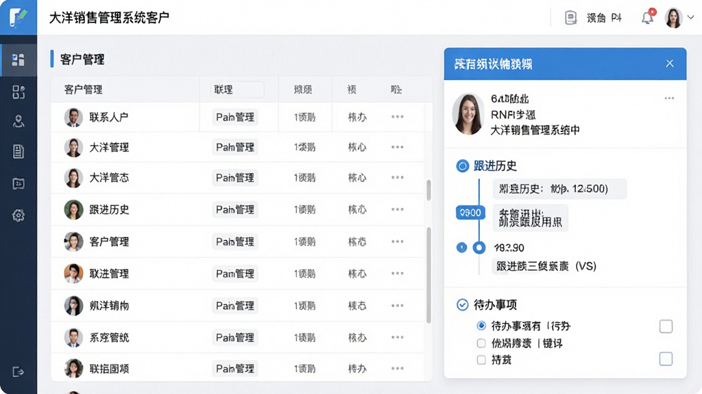 一张展示大洋销售管理系统客户管理模块的界面预览图,画面左侧是客户列表,右侧为某客户详细资料卡片,包含联系人信息、跟进历史时间轴和待办事项,整体布局清晰,采用卡片式设计,蓝白配色,界面干净无多余元素,画质细腻