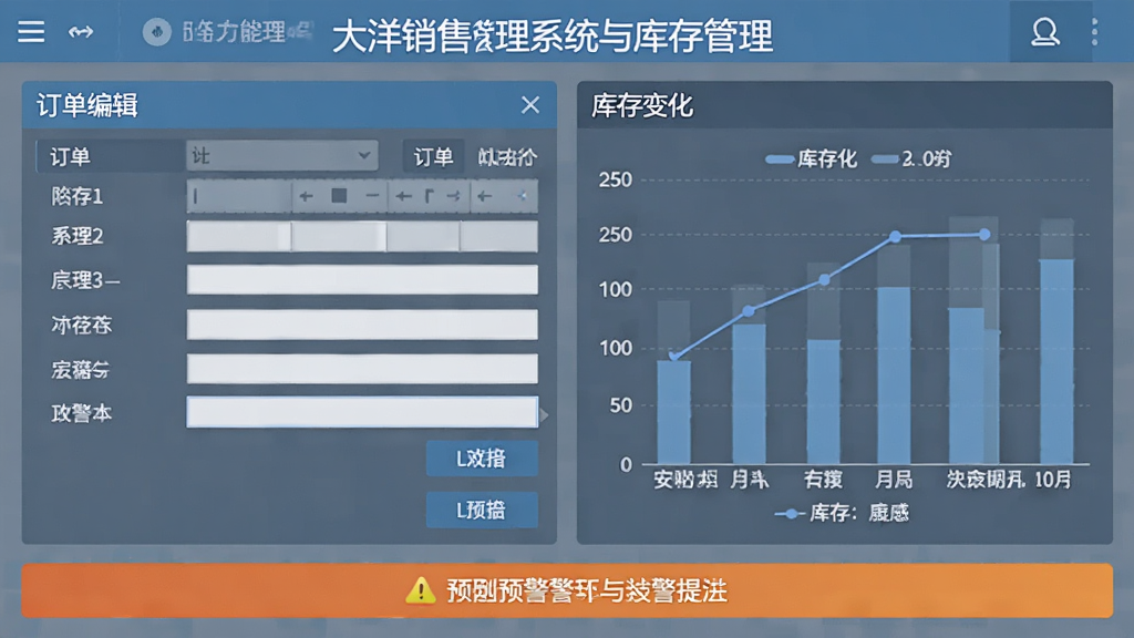 一幅大洋销售管理系统订单处理与库存管理的功能示意图,画面左侧是订单编辑表单,右侧显示库存变化图表,下方有预警提示条,整体风格简洁明了,以蓝灰为主色调,界面干净无多余元素,画质清晰