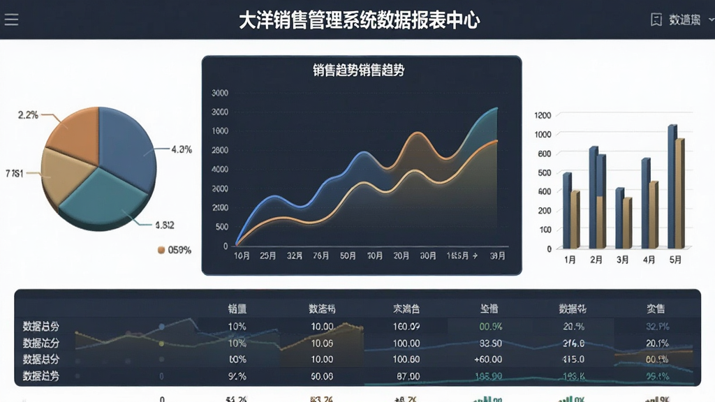 一张大洋销售管理系统数据报表中心的展示图,画面中央是销售趋势折线图,两侧为饼状图和柱状图,底部有数据汇总表格,整体配色沉稳,图表立体感强,界面干净无多余元素,画质高清