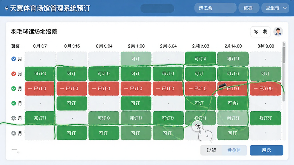 天意体育场馆管理系统预订界面,显示羽毛球馆场地时间网格,绿色表示可订,红色表示已订,用户点击操作,界面友好,高清画质,干净整洁