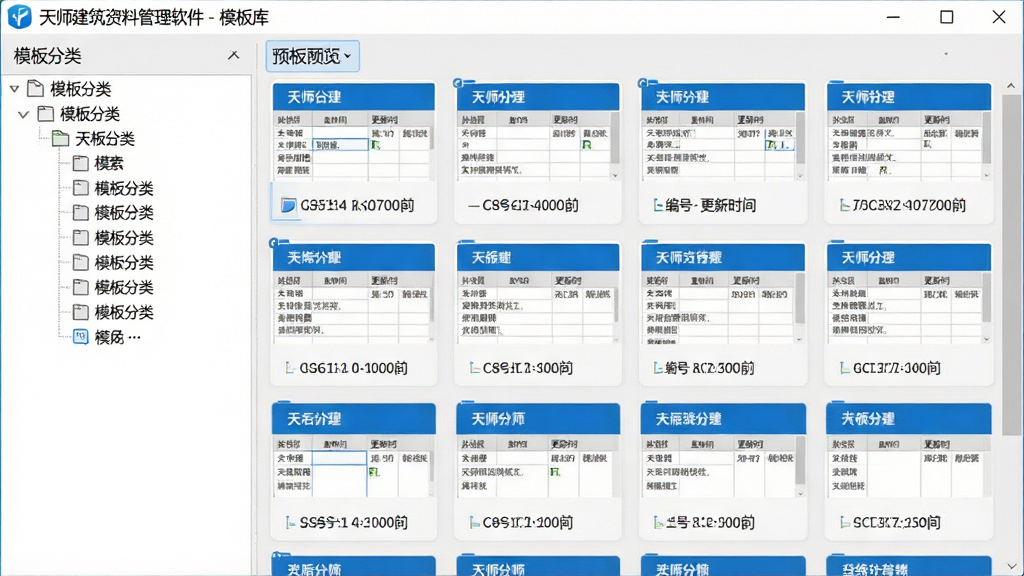 主体:天师建筑资料管理软件的模板选择窗口,展示多个分类的表格模板缩略图。布局:左侧为模板分类树,右侧为模板预览列表。排版:每个模板卡片显示名称、编号和更新时间。风格:简洁商务风,浅灰背景,蓝色高亮选中状态。细节:窗口顶部显示“天师建筑资料管理软件 - 模板库”,卡片内文字清晰。画质:高清,干净,无多余元素。
