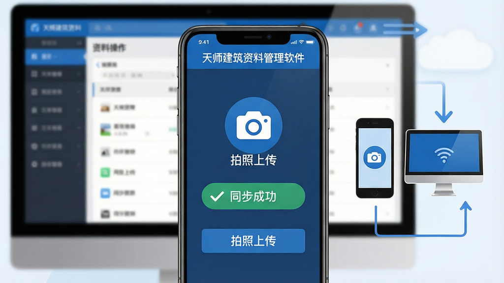 主体:天师建筑资料管理软件的移动端操作界面,显示资料列表和拍照上传按钮,旁边有手机和电脑同步的示意图。布局:中心为手机界面特写,背景为电脑端界面模糊处理。排版:手机屏幕中突出“拍照上传”图标和“同步成功”提示。风格:现代商务,蓝色调,干净整洁。细节:手机屏幕显示“天师建筑资料管理软件”名称,界面元素清晰。画质:高清,细致,无多余元素。