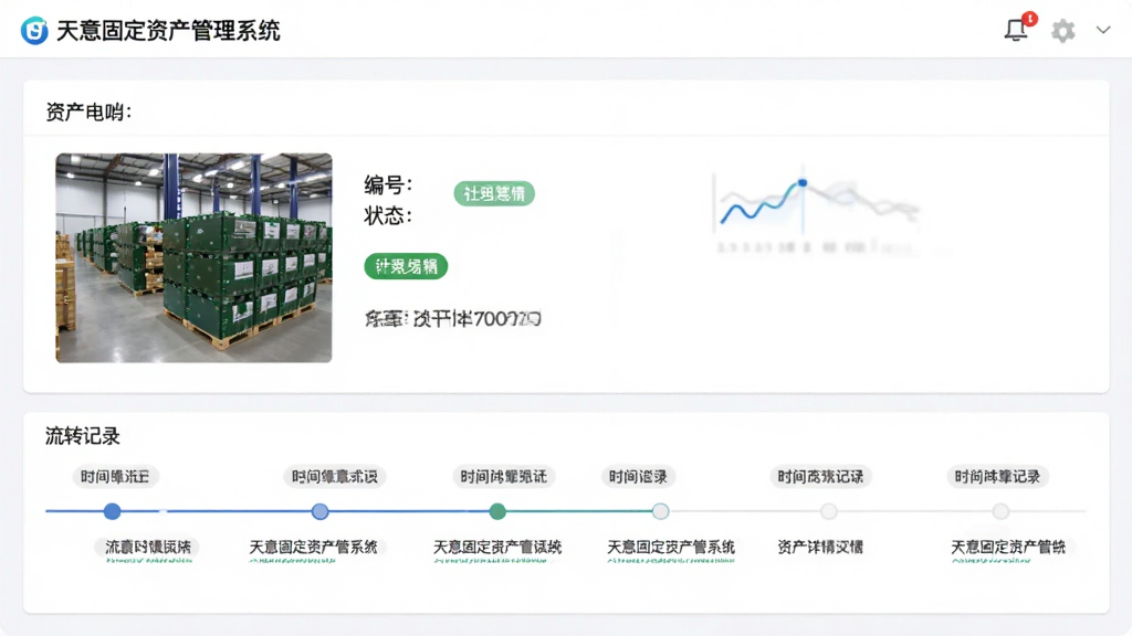 展示“天意固定资产管理系统”资产详情页面的截图,主体为单个资产的完整信息卡片,包含资产图片、编号、状态标签,下方是时间轴形式的流转记录,布局左右分明,风格简洁商务,细节丰富,画质清晰,无多余元素