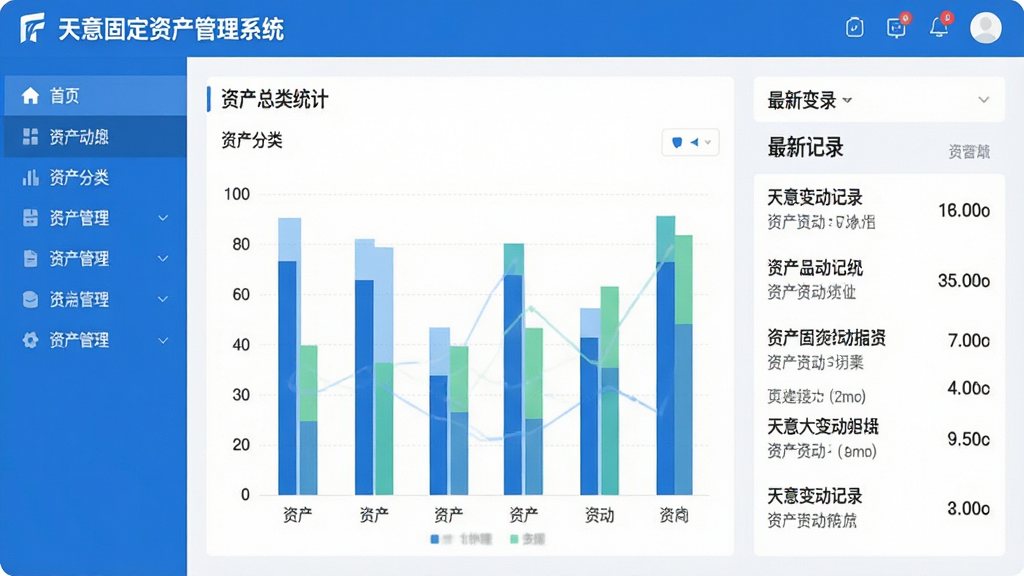 一张现代简约风格的软件功能界面展示图,主体为“天意固定资产管理系统”的资产总览仪表盘,左侧为导航菜单,中间显示资产分类统计图表,右侧为最新变动记录,布局清晰,色彩以蓝色和白色为主,扁平化设计,界面干净,高画质,无多余元素