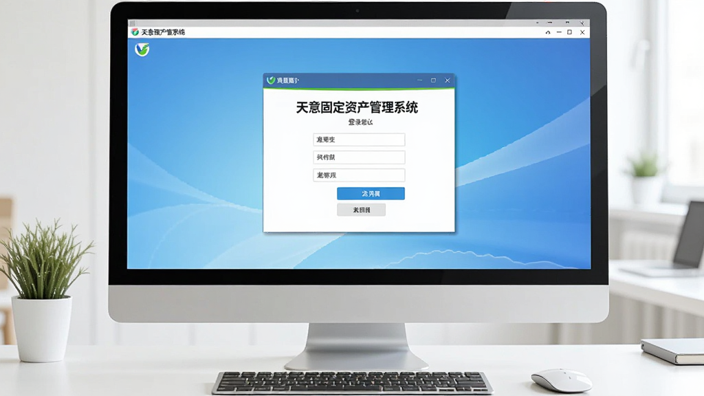 一张电脑屏幕显示“天意固定资产管理系统”登录界面的图片,主体为登录窗口,背景为干净的书桌,布局居中,风格明亮,细节清晰,画质高,无多余元素