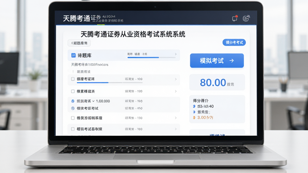 主体为笔记本电脑屏幕上显示天腾考通证券从业资格考试系统的界面,界面包含题库列表和模拟考试按钮,布局居中,排版清晰,风格现代简洁,细节有进度条和得分统计,画质高清,干净,无多余元素