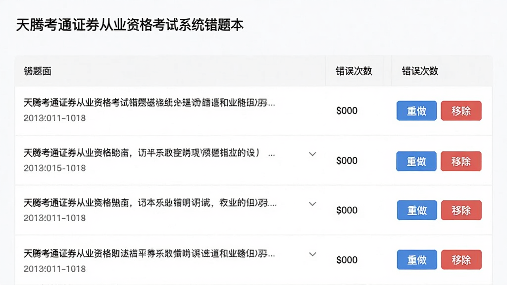 主体为天腾考通证券从业资格考试系统错题本界面,列表展示错题题目和错误次数,布局为表格形式,排版整齐,风格简约,细节有重做和移除按钮,画质清晰,干净,无多余元素