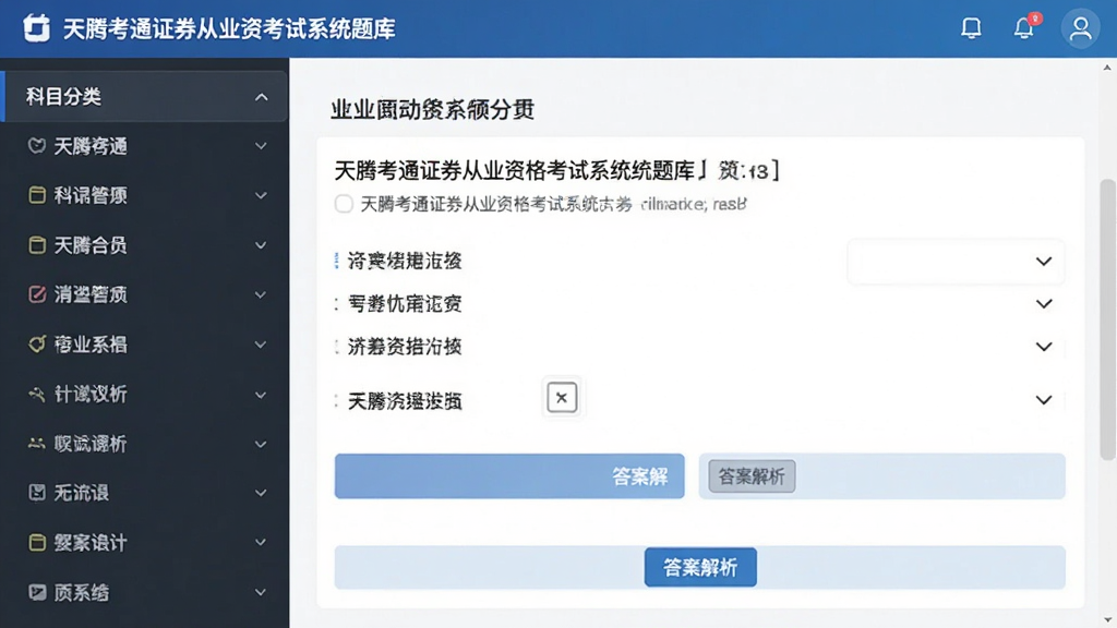 主体为天腾考通证券从业资格考试系统题库界面,左侧是科目分类列表,右侧显示题目和选项,布局左右结构,排版专业,风格清爽,细节有答案解析按钮,画质清晰,干净,无多余元素