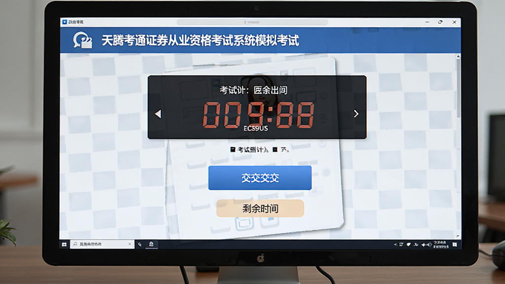 主体为天腾考通证券从业资格考试系统模拟考试页面,电脑屏幕显示考试倒计时和答题卡,布局居中,排版紧凑,风格写实,细节有交卷按钮和剩余时间提示,画质精细,干净,无多余元素