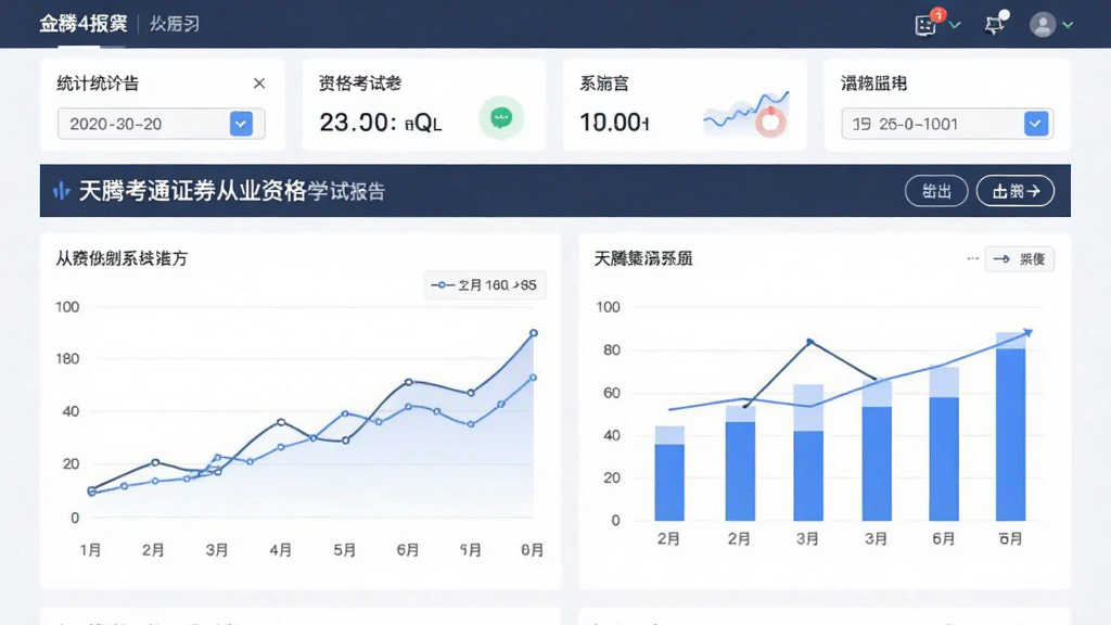 主体为天腾考通证券从业资格考试系统学习报告页面,展示折线图和柱状图,布局上方为统计卡片,下方为图表,排版层次分明,风格商务,细节有日期筛选和导出按钮,画质高清,干净,无多余元素