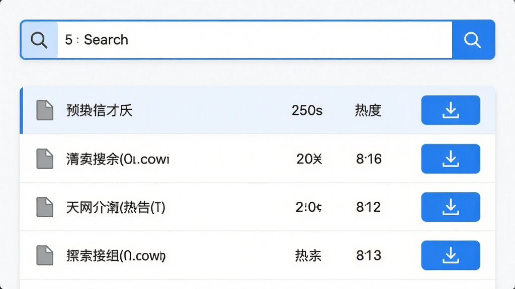主体:天网Maze搜索功能界面,显示搜索结果列表,布局:上下结构,顶部为搜索框,下方为结果列表,排版:列表形式,每行显示文件名、大小、热度,风格:清新简洁,白色背景,蓝色高亮,细节:搜索框有放大镜图标,结果列表有下载按钮,画质:细腻清晰,干净,无多余元素