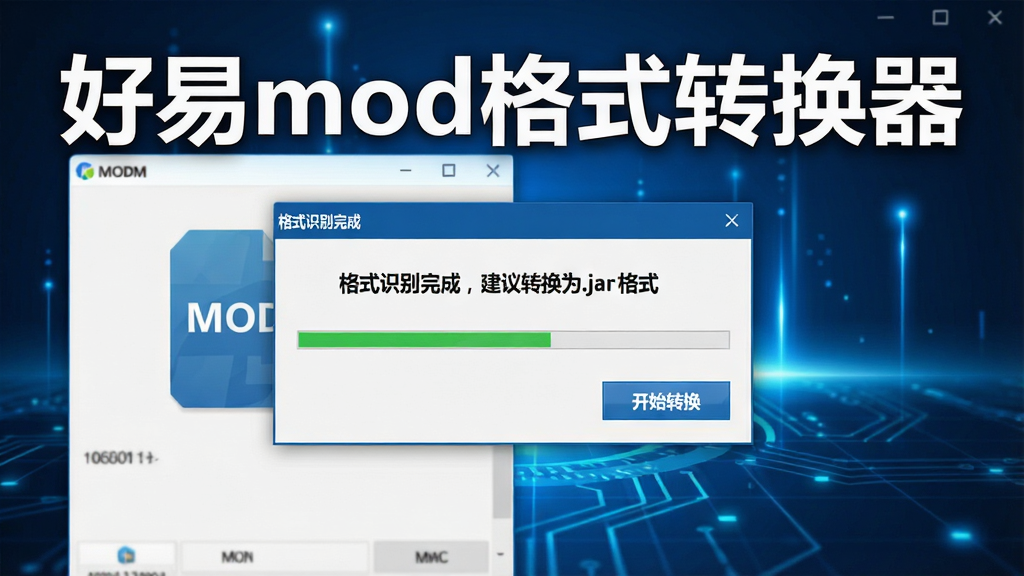 一幅展示好易mod格式转换器智能识别功能的界面截图,软件界面中正在分析一个MOD文件,弹窗显示