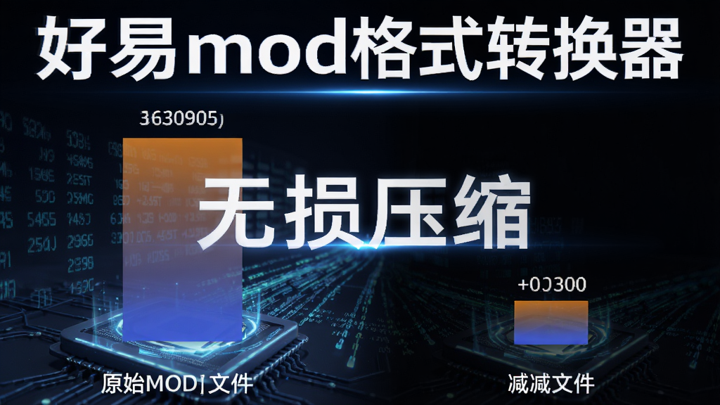 一幅展示好易mod格式转换器无损压缩技术的对比图,左侧为原始MOD文件大小,右侧为转换后文件大小,明显减小,背景有数据流动特效,画面中央标注