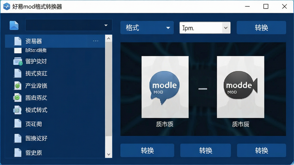 一张展示好易mod格式转换器主界面的图片,界面布局清晰,左侧为文件列表区域,右侧为格式选择与转换按钮,整体风格现代简约,以深蓝色为主色调,图标精致,窗口中显示