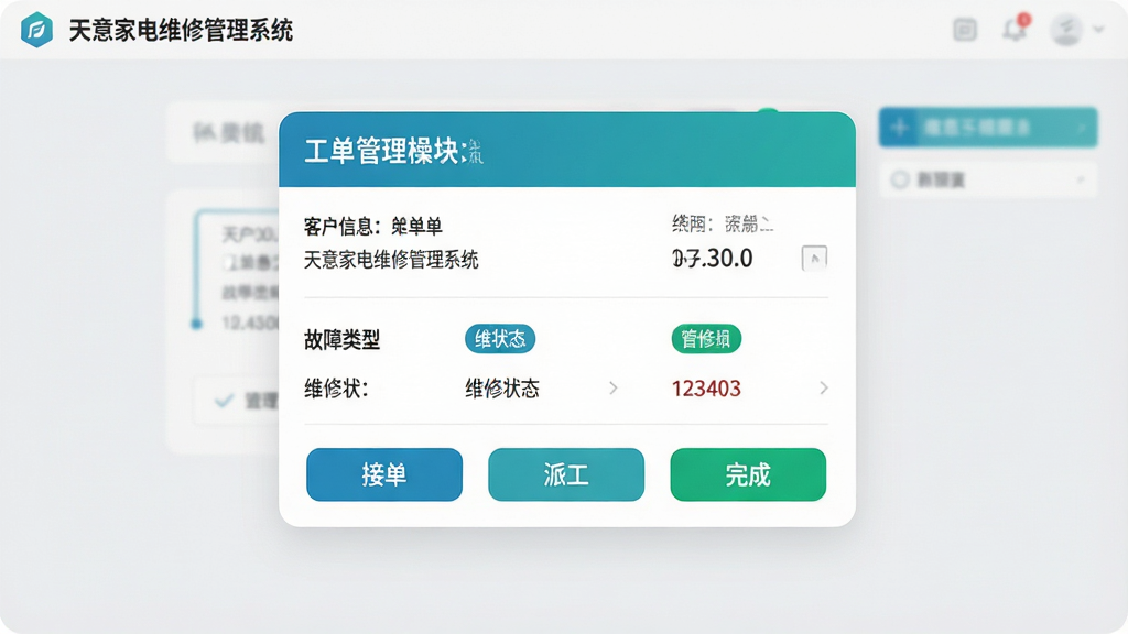 展示天意家电维修管理系统工单管理模块的操作界面,画面中央是一张详细的维修工单卡片,包含客户信息、故障类型、维修状态标签,周围有“接单”“派工”“完成”按钮,界面采用浅灰色背景,卡片圆角设计,蓝绿色点缀,文字内容清晰可见,布局清爽,细节精致,画质高清,干净无多余元素