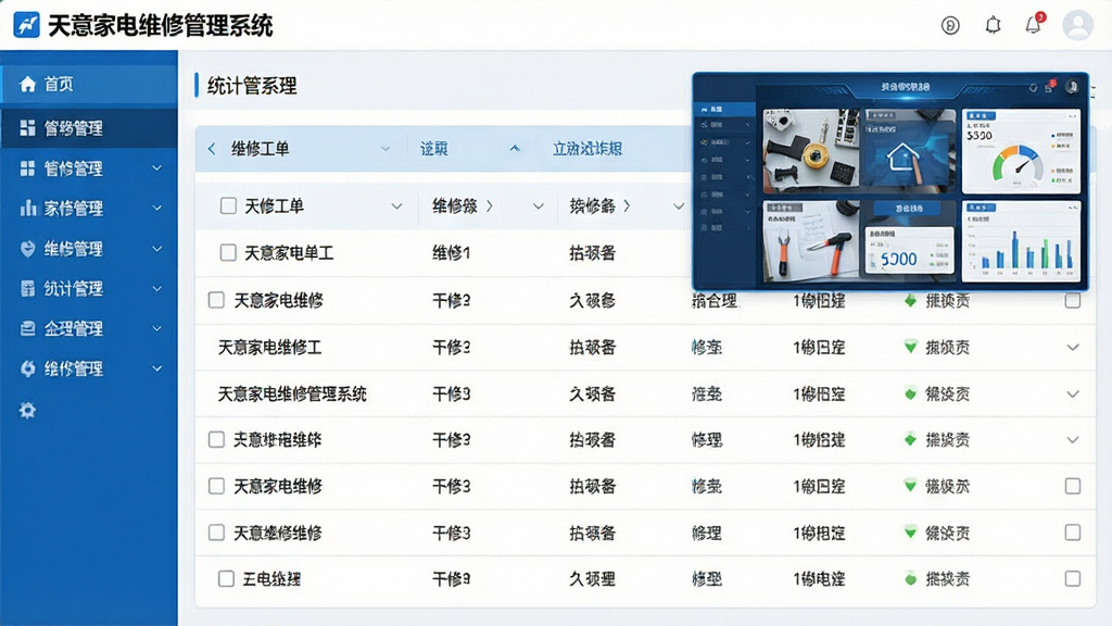 一张展示天意家电维修管理系统主界面的高清截图,界面包含左侧功能导航栏、中央维修工单列表、顶部统计仪表盘,整体风格简洁商务,采用蓝白配色,画面干净明亮,文字清晰标注“天意家电维修管理系统”字样,布局规整,细节丰富,画质细腻,无多余元素