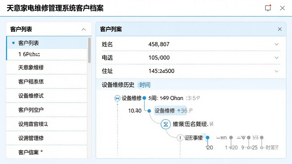 展示天意家电维修管理系统客户档案页面,左侧为客户列表,右侧为选中客户的详细信息面板,包含姓名、电话、住址、设备维修历史时间线,界面以白色为底色,配以浅蓝色分隔线,信息层级分明,视觉清爽干净,字体清晰,画质细腻,无多余装饰元素