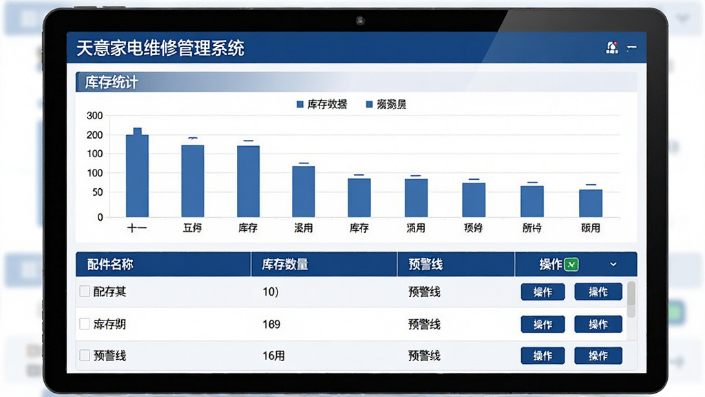 展示天意家电维修管理系统配件库存管理界面,屏幕上方为库存统计条形图,下方为配件列表,每一行显示配件名称、库存数量、预警线、操作按钮,界面采用深蓝色表头搭配白色表格行,整体商务大气,数据清晰易读,画质高清,布局规整,干净无多余元素