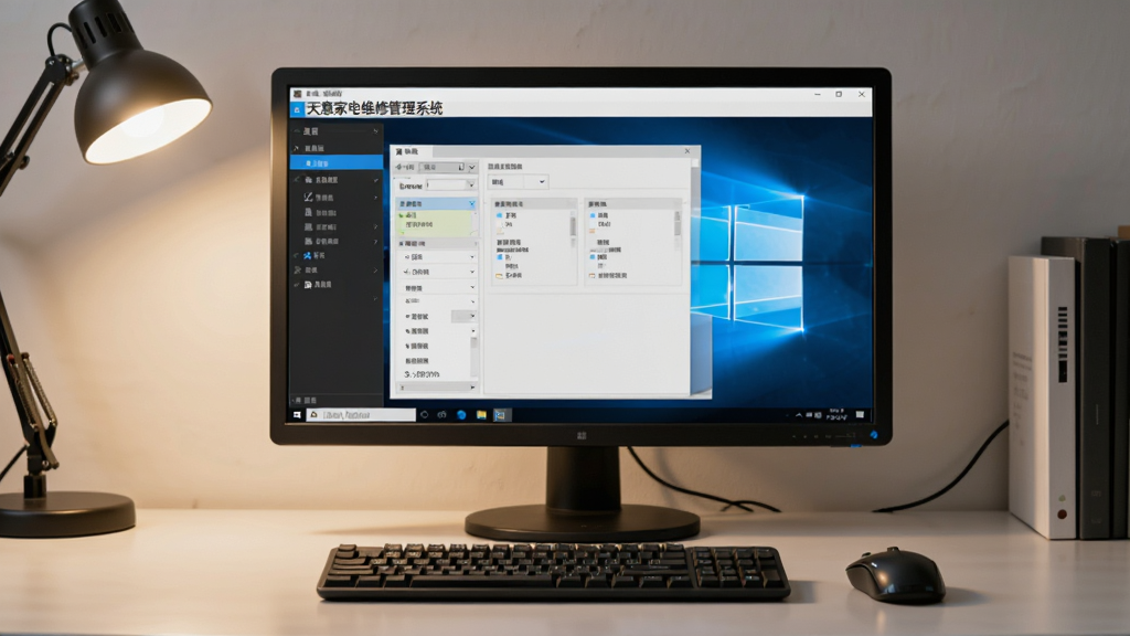 展示天意家电维修管理系统在Windows电脑上运行的实拍图,屏幕中显示软件主界面,键盘鼠标摆放在旁边,桌面整洁,灯光柔和,整体氛围专业,画质清晰,干净无多余元素