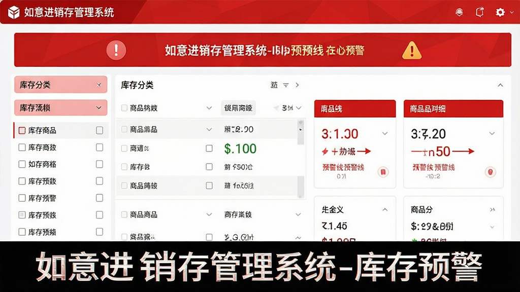 主体为“如意进销存管理系统”库存预警界面,布局为商品列表上方有红色感叹号预警横幅,左侧为库存分类筛选,右侧为预警商品明细卡片,排版清晰,风格为商务简洁风,主色调红白配色,细节包含库存数字与预警线标识,画质高清,干净无多余元素,图片中文字标注“如意进销存管理系统-库存预警”