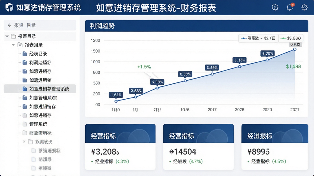 主体为“如意进销存管理系统”财务报表界面,布局为左侧报表目录树,右侧为利润趋势折线图与经营指标卡片,排版清晰,风格为专业财务风格,主色调深蓝与白色,细节包含数据标签与百分比,画质高清,干净无多余元素,图片中文字标注“如意进销存管理系统-财务报表”