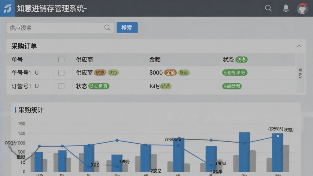 主体为“如意进销存管理系统”采购管理界面,布局为顶部供应商搜索框,中间采购订单列表(含单号、供应商、金额、状态),底部为采购统计图表,排版规整,风格为商务简约风,主色调灰色与蓝色,细节展示订单状态标签,画质高清,干净无多余元素,图片中文字标注“如意进销存管理系统-采购管理”