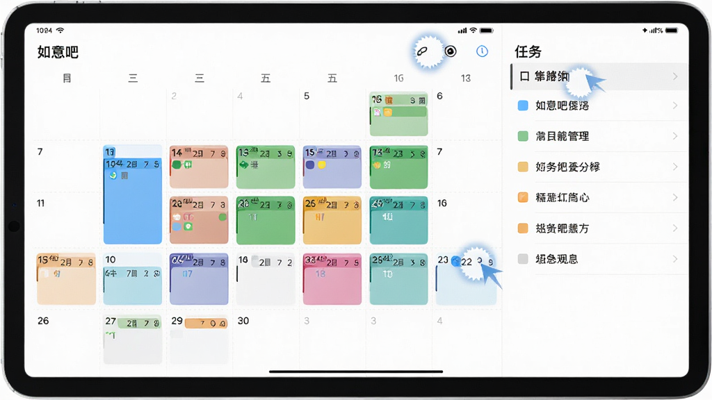 展示如意吧日程管理应用在平板电脑上的月视图界面,主体为彩色日程方块和右侧任务列表,布局左右分栏,风格现代简洁,细节有拖拽调整的动效示意,画质清晰,干净,无多余元素