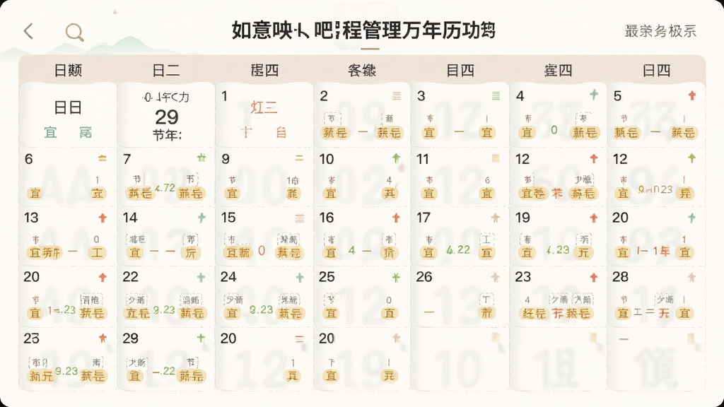 展示如意吧日程管理万年历功能的界面截图,主体为日历面板显示农历和节气信息,布局居中,风格清晰淡雅,细节包括农历日期和宜忌标签,高画质,干净,无多余元素