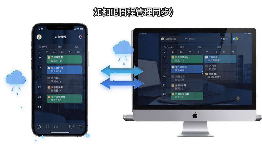 描绘如意吧日程管理在手机和电脑间同步的示意图,主体为两台设备屏幕显示相同日程数据,布局左右对称,风格科技感,细节有云朵图标和双向箭头,画质干净,无多余元素