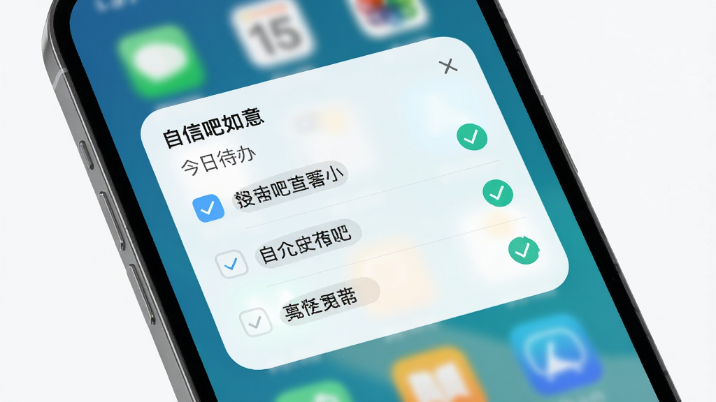 展示手机桌面上的如意吧日程管理小部件,主体为今日待办列表,布局简洁,风格清新,细节有勾选动画,画质干净,无多余元素