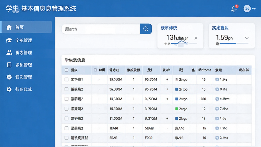 学生基本信息管理系统主界面预览图,展示简洁的蓝色主题布局,左侧功能导航栏,右侧学生信息表格,顶部搜索框与统计卡片,整体风格清爽专业,画质高清,干净无多余元素