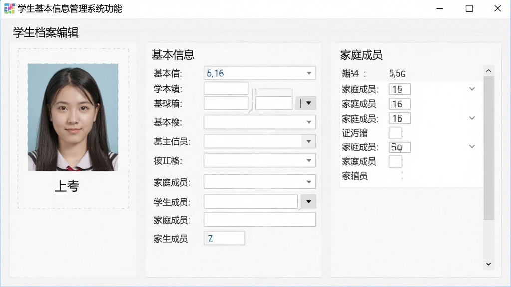 学生基本信息管理系统功能截图,展示学生档案编辑窗口,包含照片上传区、基本信息表单、家庭成员列表,整体布局清晰,字体规整,界面干净,画质细腻