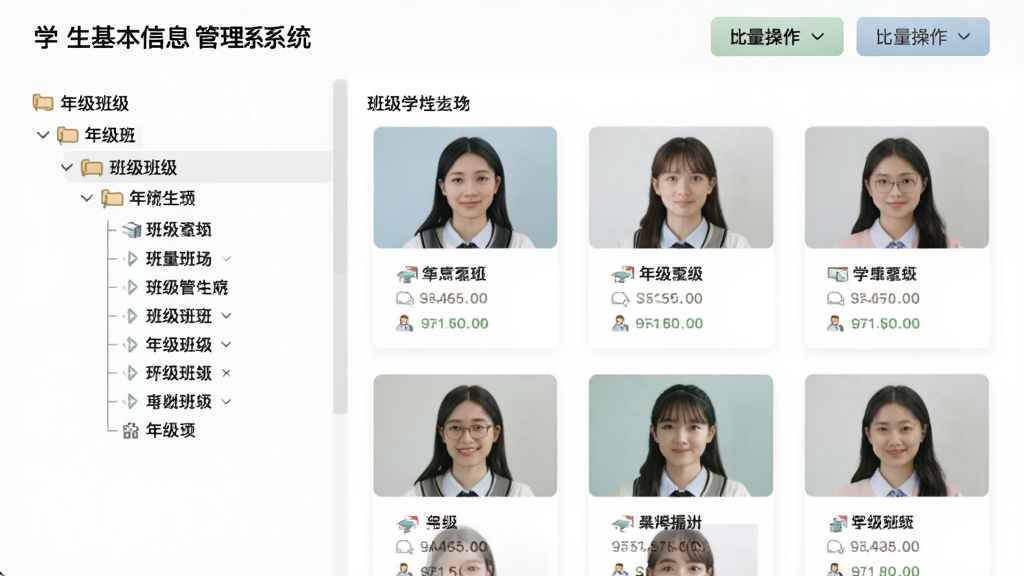 学生基本信息管理系统班级管理界面,左侧为年级班级树状目录,右侧展示班级学生卡片列表,顶部有批量操作按钮,整体风格简约,色彩柔和,画质清晰