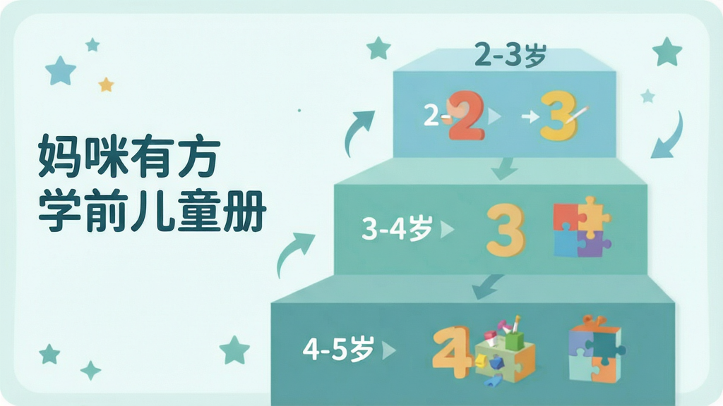 画面主体为阶梯式的分龄启蒙结构图,标注“2-3岁”、“3-4岁”、“4-5岁”等年龄阶段,每层有对应的图标如颜色、数字、拼图。布局为垂直递进式,左侧有“妈咪有方学前儿童手册”字样。排版简洁明了,使用柔和的蓝绿色系,细节处有小星星和箭头指示。风格为现代扁平化教育图表风,画质清晰,干净无多余元素。